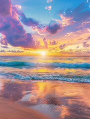 Obraz premium Vibrant beach sunset with dramatic clouds, colorful reflections on wet sand, and lively ocean waves.