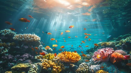 Naklejka premium Underwater view of a coral reef with many colorful fish swimming around.