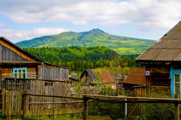 view of the crimson mountain from the village of Otnurok, a landmark of the Beloretsk region of the Republic of Bashkortostan