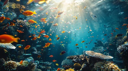 Underwater world full of life. Colorful fishes swim near a coral reef in the ocean. The sun rays shine through the water, illuminating the scene.
