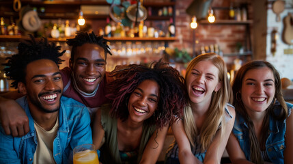 Five friends laugh together in a cozy bar setting, radiating happiness and camaraderie