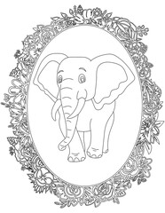Obraz premium Elephant in A Floral Frame Coloring Page. Printable Coloring Worksheet for Kids. Educational Resources for School and Preschool.