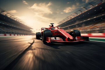 Red formula car racing on the track at sunset.  Racing car competitions