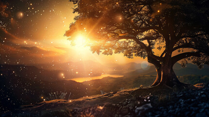 Fototapeta premium Enchanting sunset landscape with majestic tree and glowing lights