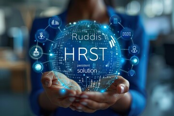 Business professional in blue suit showcasing a futuristic HRST tech globe