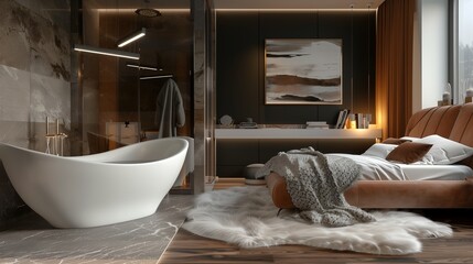A bedroom with a luxurious, freestanding bathtub, a contemporary bed, and a plush, fur rug