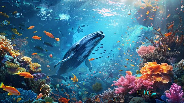 Underwater scene with a blue whale swimming over a coral reef.