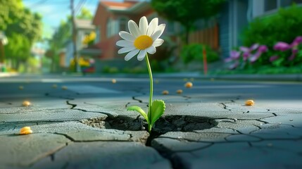 Daisy Blooming Through Cracked Asphalt In Urban Street With Sunlight And Green Surroundings