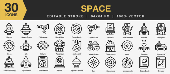 Set of 30 Space icon sets. Editable Stroke Icon Collection. Includes Rocket, Space Probe, Telescope, Black Hole, Planet Earth, Moon, Ufo, Saturn, Astronaut, and More. Outline icons vector collection.