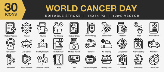 Set of 30 World cancer day icon sets. Editable Stroke Icon Collection. Includes medical records, cancer, vitamins, no drinking, medical check, and More. Outline icons vector collection.