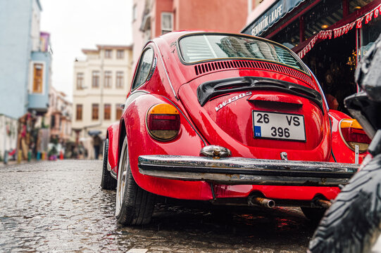 Istanbul, Turkey. 28 april 2024. Classic red Volkswagen Type 1 Beetle model 1303 closeup view, known some locally as a Kafer, Fusca and Bug.