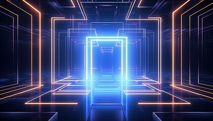 A realistic image of a neon illuminated futuristic backdrop for an esports tournament stage podium mockup, featuring ultra HD quality and highly detailed design.