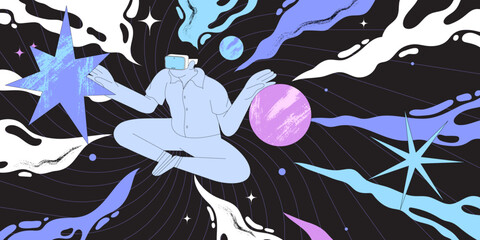 People wearing VR glasses and floating in space. Vector metaverse and new network for character gamers. Future innovations and communication concept. Entertainment and visual experience technology.