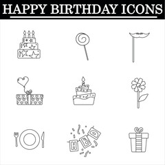 Set of birthday outline icons on the white background. Celebration icons. Isolated vector.