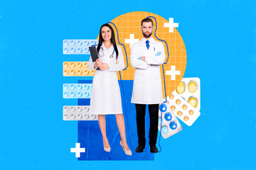 Composite photo collage of two guy girl doctors new covid pills prevention invention drug treatment...