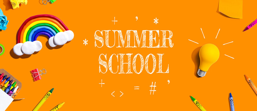 Summer School theme with school supplies overhead view - flat lay