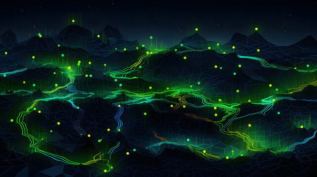 Futuristic neon greens cybernetic patterns resembling a topographic map design poster background