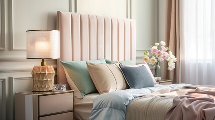 A chic bedroom with a pastel upholstered headboard and a geometric bedside lamp