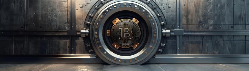 An artistic interpretation of a massive steel vault door with a blockchain pattern, emphasizing security