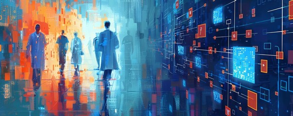 An artistic portrayal of encrypted medical data blocks transferring between healthcare professionals across a network