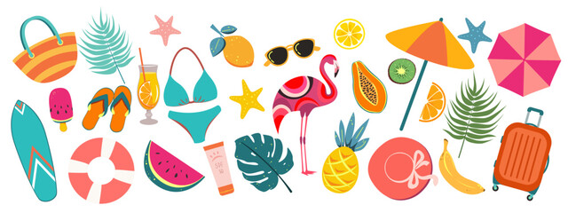 Set of summer elements.Tropical leaves,pink flamingos,sunglasses,beach umbrellas,fruits.Vector illustration.