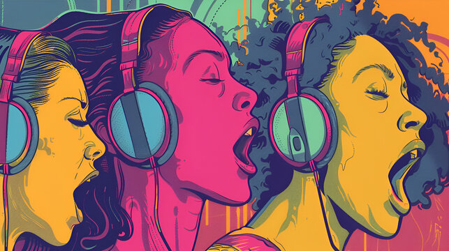 woman listening music with smartphone and wireless headphones ai generative