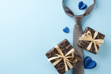 Flat lay of Father's Day gifts with a tie and gift boxes on a blue background, ideal for promotional content and gift guides