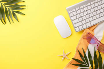 Flat lay with keyboard, mouse, sunglasses, and beach flair, great for promoting flexible work environments and summer productivity