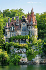 An enchanting fairy tale castle perched atop a verdant hilltop, overlooking a tranquil lake and lush forest below, with turrets, spires, and ivy-covered walls.