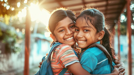 Indian school children group celebrating friendship day - Powered by Adobe