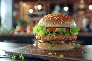 AI generated illustration of a delicious burger topped with lettuce, tomato, onion, and more