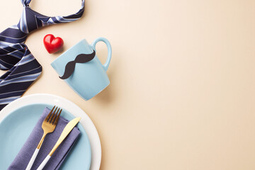 An elegant Father's Day dining setup with blue-themed gift and decorations, perfect for articles and ads