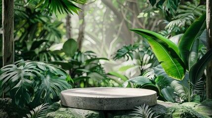 Concrete podium set against a dense, lush jungle backdrop, ideal for product presentations, eco-friendly product ads, or nature-cosmetic visual content