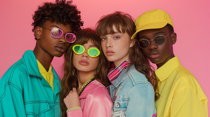 Group of trendy young individuals posing in colorful streetwear, great for fashion marketing, youth culture studies, and urban lifestyle editorial content
