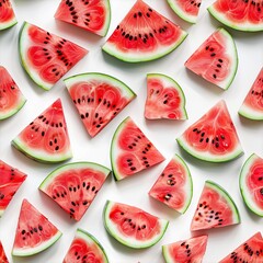 Vibrant flat lay of watermelon slices arranged in a playful pattern, great for summer-themed content, food blogs, and nutritional guides