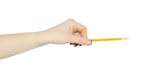 velor eyelash applicator in hand, outstretched hand with velor eyelash applicator isolated from background