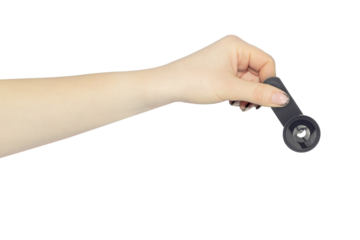 lens with phone mount in hand, outstretched hand with lens with phone mount isolated from background