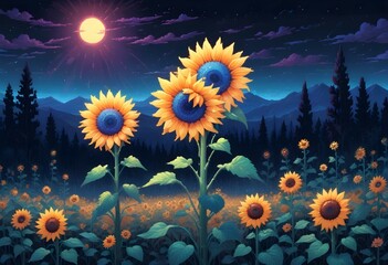 Pastel sunflowers, glowing, bright, Bioluminescent