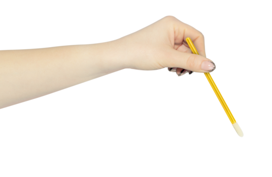 velor eyelash applicator in hand, outstretched hand with velor eyelash applicator isolated from background