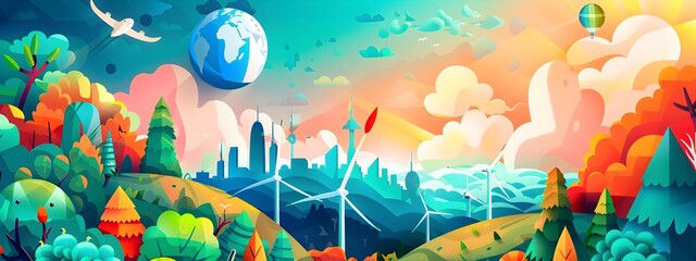 Sustainable Development Through Clean Energy Innovations in Vibrant Futuristic Landscapes