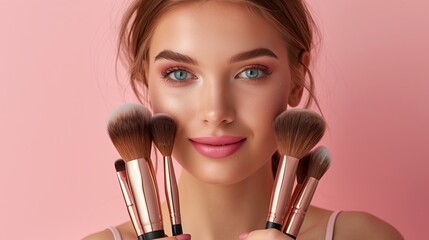 Model holding makeup brushes against a pink background, perfect for promotional materials in the beauty industry and makeup demonstrations