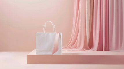 A minimalist composition featuring the white paper bag with silk handles against a backdrop of soft, pastel hues, evoking a sense of tranquility and sophistication.