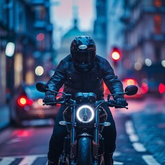 A man wearing black motorcycle jacket and helmet is riding on the street, with blurred city...