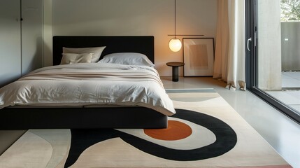 A contemporary bedroom with a minimalist, abstract rug and a sleek, designer lamp