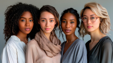 Portrait of multicultural women together, symbolizing unity and diversity, ideal for discussions on racial harmony, beauty campaigns, or diversity in fashion editorials