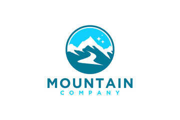 Outdoor design logo rocky snowy mountain peak with flowing river.
