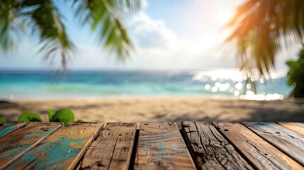 Tranquil view of a sandy beach and clear waters from a rustic wooden deck, framed by lush palm trees. Ideal for travel magazines, holiday destination promotions, and relaxation themes