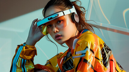 Fashion-forward young woman wearing modern wearable technology and vibrant attire, perfect for technology showcases, futuristic fashion editorials, and digital lifestyle promotions