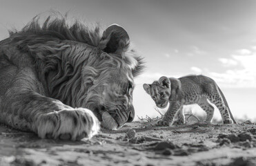 Black and white close up photo of a lion and its cub walking towards him African savannah wildlife...