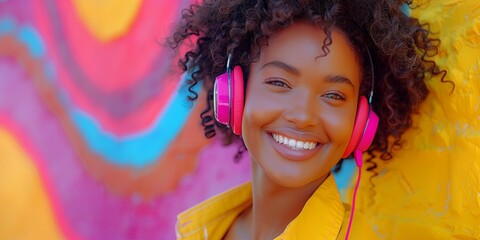 Joyful young African American woman wearing pink headphones against a vibrant graffiti background....